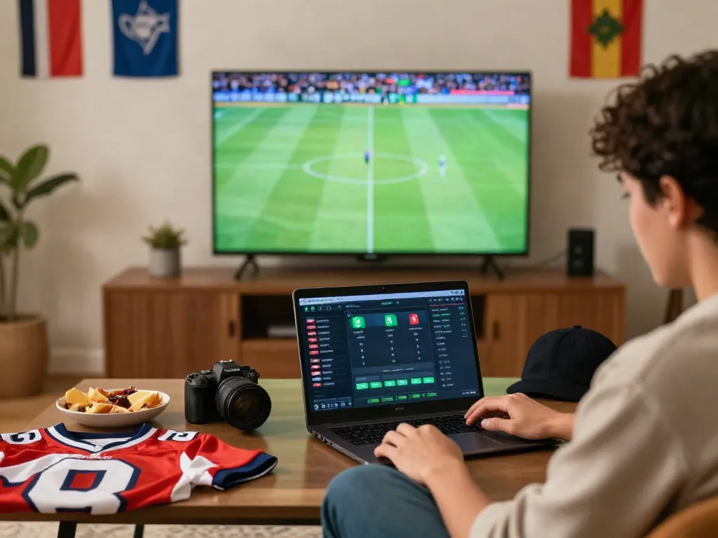8xbet user enjoying online betting in a lively living room filled with sports memorabilia