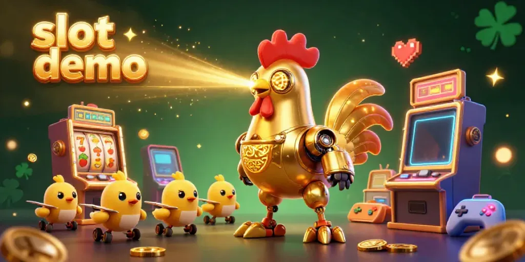 Slot demo yang menghadirkan robot ayam emas futuristik dan mesin slot penuh warna.