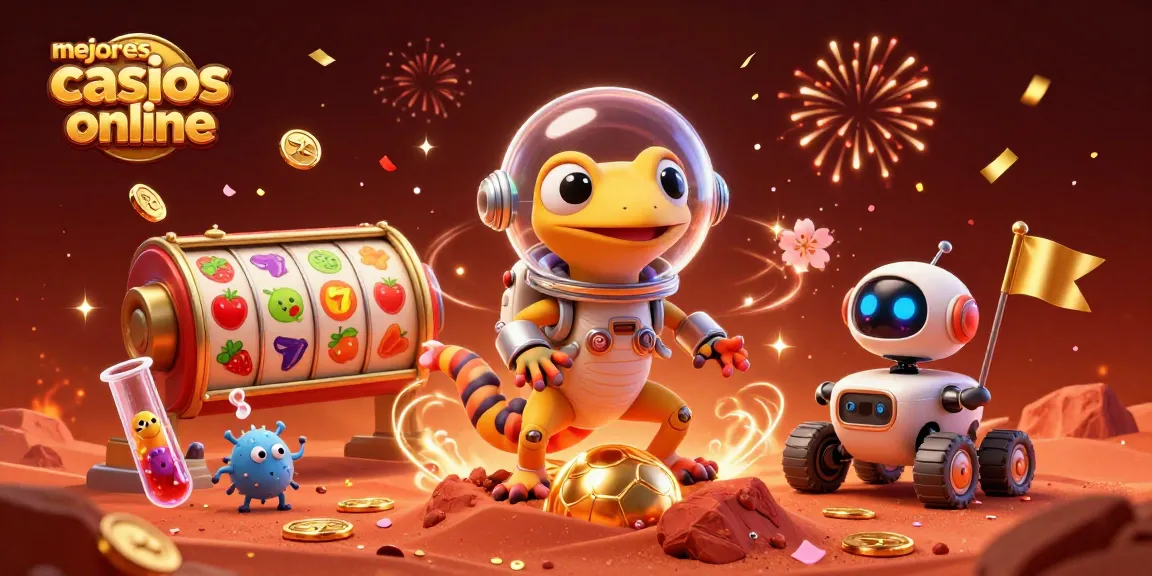 Disfruta los mejores casinos online con una ilustración colorida y divertida mostrando un gecko marciano y un robot en un casino dorado.