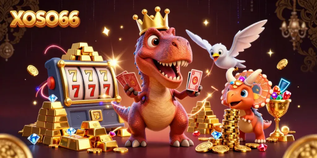 XOSO66 brings excitement with a friendly T-Rex shuffling cards and a tri-horn stacking chips.