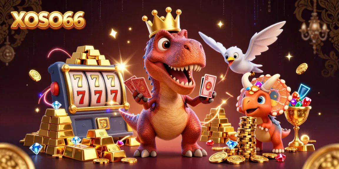 XOSO66 brings excitement with a friendly T-Rex shuffling cards and a tri-horn stacking chips.