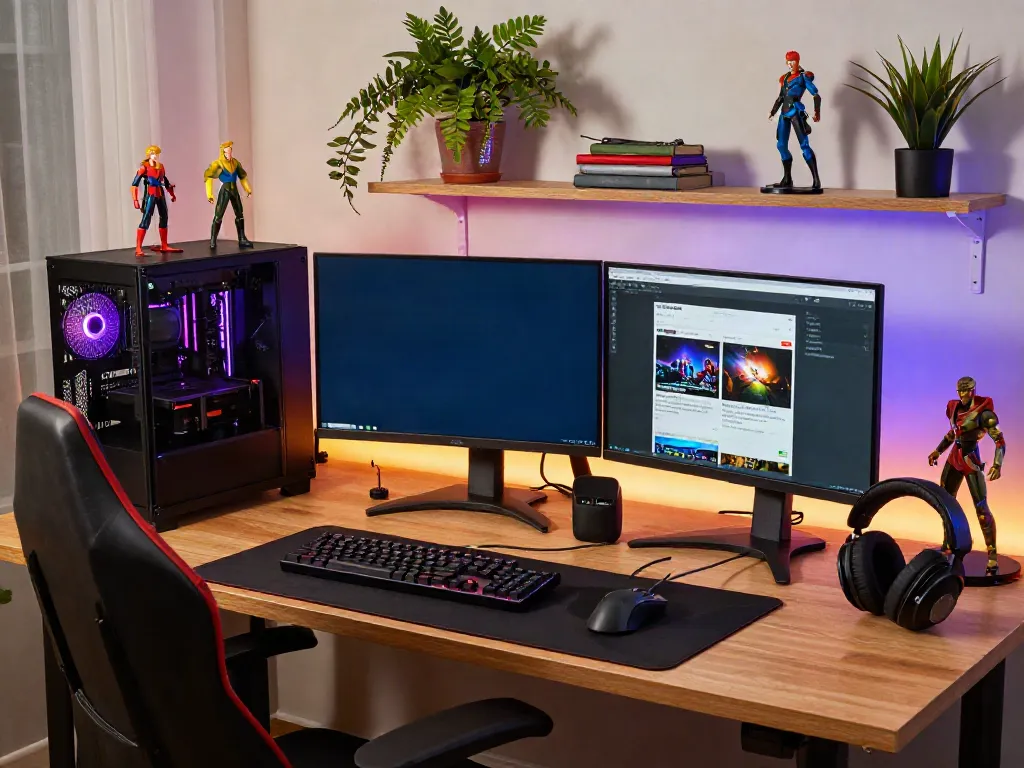 G15Tools workspace with gamer seated at a desk featuring dual monitors, gaming hardware, and vibrant decor.