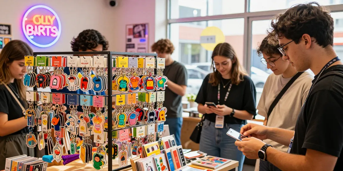 Custom acrylic keychains displayed in a lively e-commerce environment, showcasing vibrant colours and unique designs.