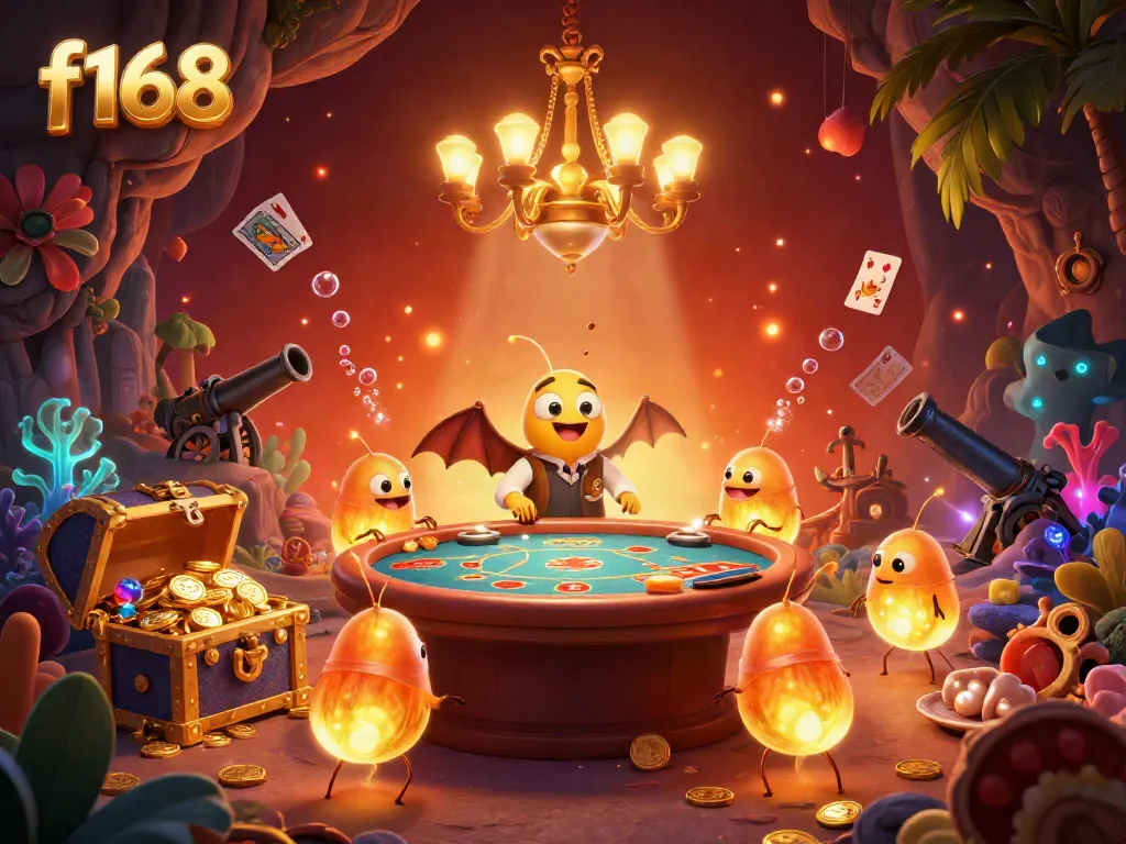 Experience the vibrant f168 cave casino brought to life by glowing worms and a bat dealer amidst treasures.