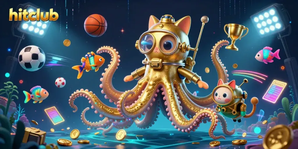 Experience the thrill of hitclub with a dynamic 3D illustration of a kraken and energetic gaming elements.