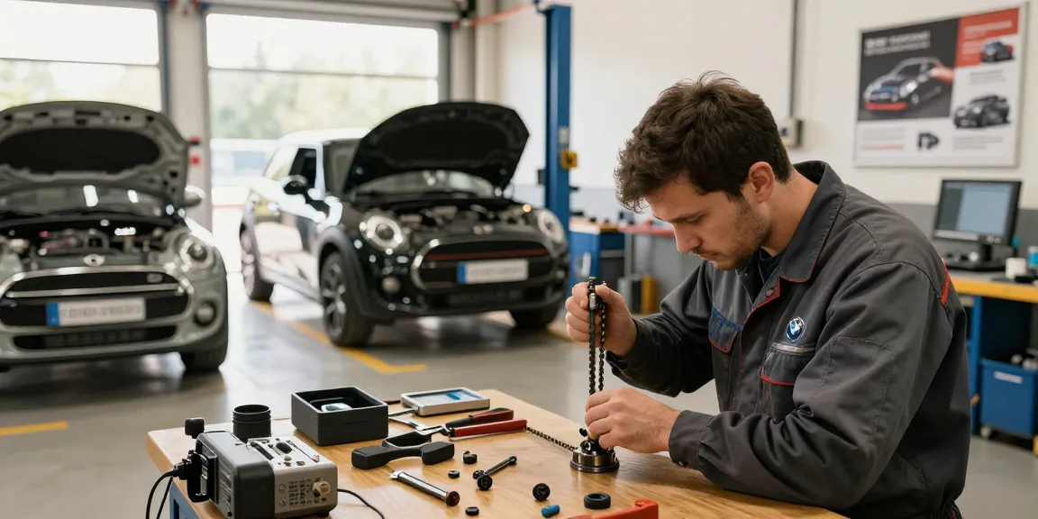 Professionelles Werkstatt-Szenario für den BMW Steuerkette wechseln mit Mechaniker, Werkzeug und Licht.