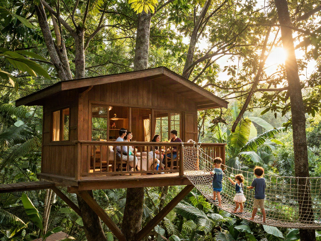 A family enjoying a picnic in a beautiful tree house life setting in a serene forest.