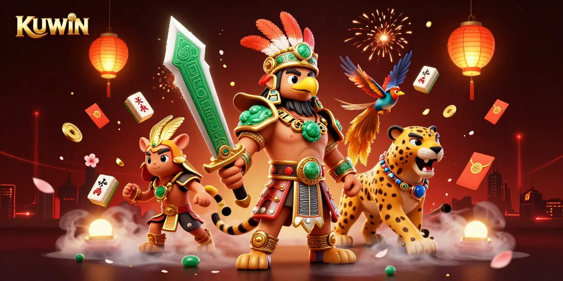 KUWIN showcases a vibrant 3D scene of Aztec warriors celebrating with gambling elements.