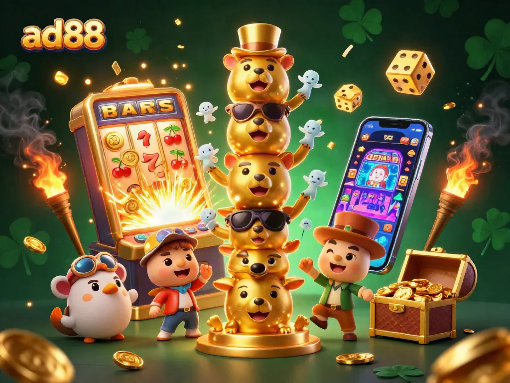 Experience thrilling gaming action at ad88 with a vibrant 3D casino scene filled with winning elements.