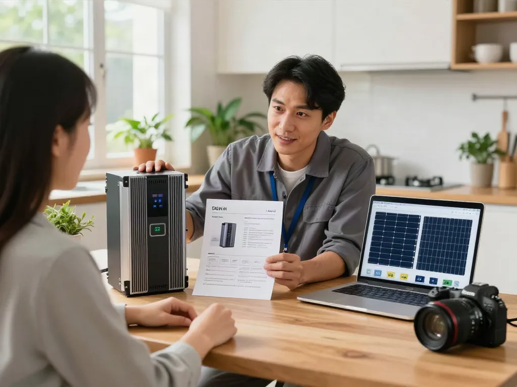 Diskusi energi solar di dapur dengan inverter DEWITOTO 5kw dan presentasi manfaat energi terbarukan.