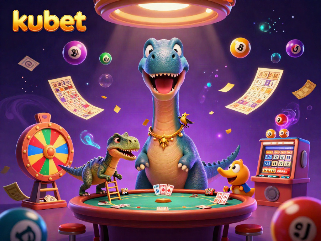 Engage in thrilling play at Kubet with a vibrant, dynamic illustration of casino elements in a whimsical setting.