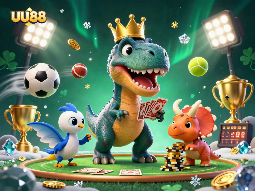 Win big with UU88 while T-Rex and friends shuffle cards in a vibrant casino scene.