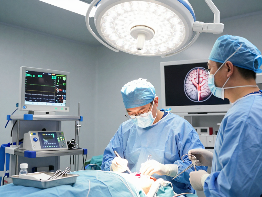 Brain tumor surgery, featuring a focused neurosurgeon and advanced medical equipment in a clinical setting.
