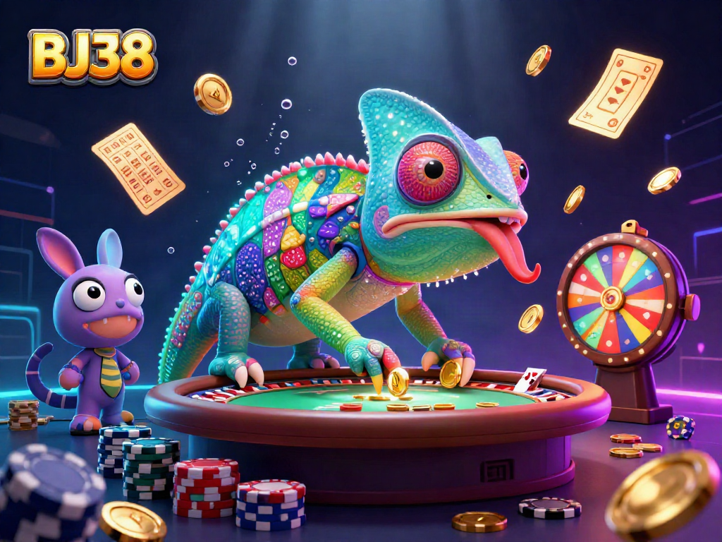 BJ38 illustrates a vibrant casino scene featuring a colorful chameleon owner and lively poker elements.