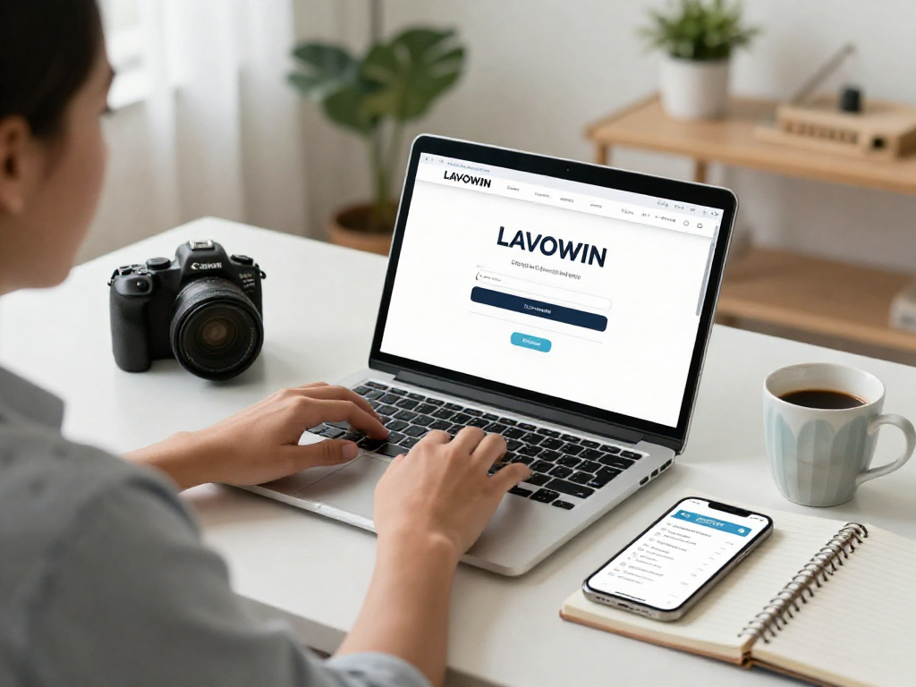 User accessing LAVOWIN login on a sleek laptop in a bright home office with plants and natural light.