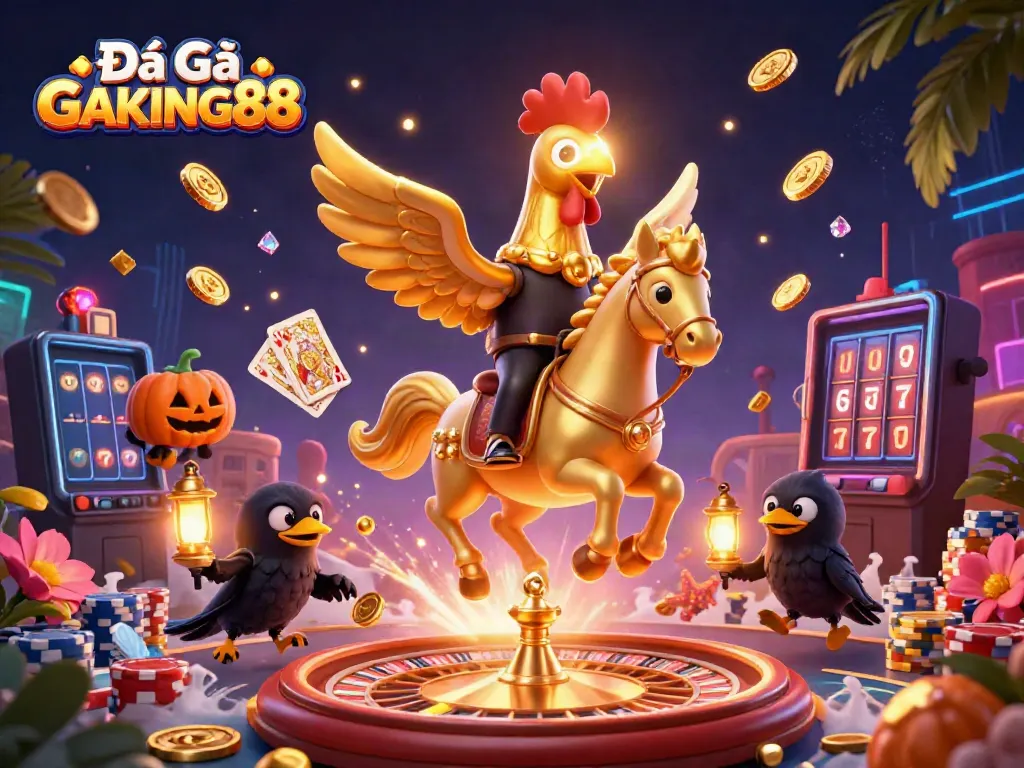 Witness the excitement of Đá Gà GAKING88 in a vibrant midnight casino atmosphere with golden rooster characters.