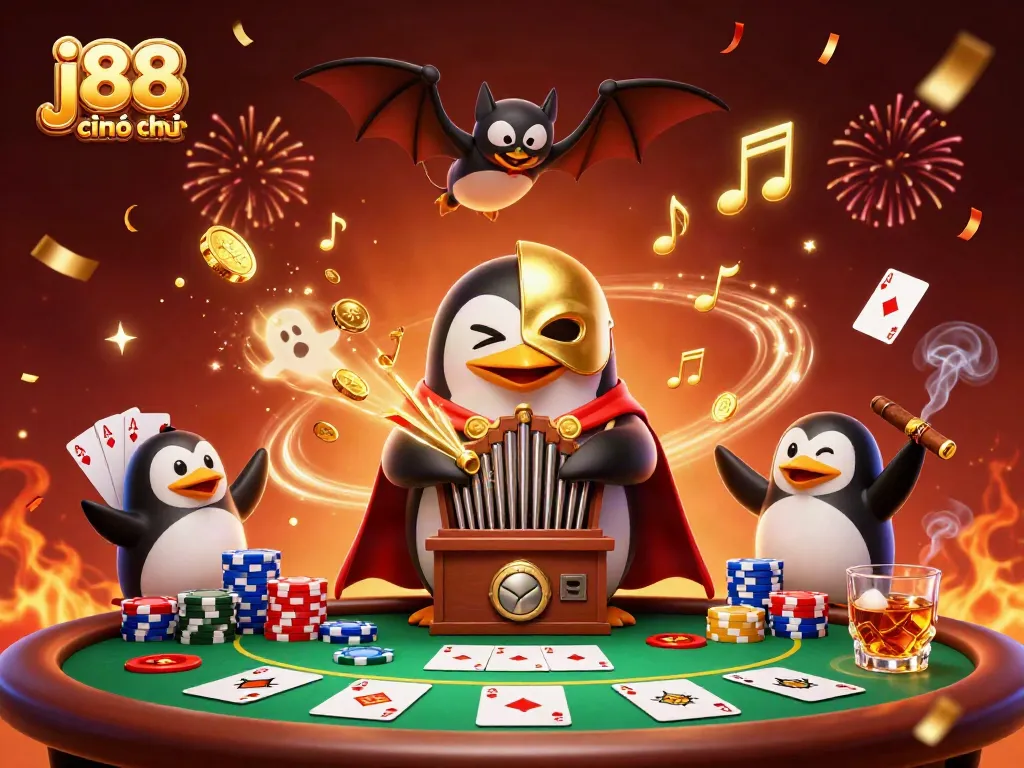 Play poker with the j88 chính thức brand in a thrilling casino scene featuring golden coins and acrobatics.