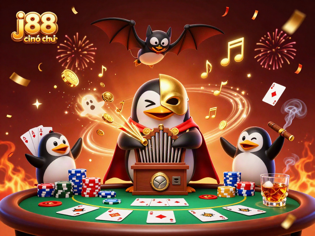 Play poker with the j88 chính thức brand in a thrilling casino scene featuring golden coins and acrobatics.