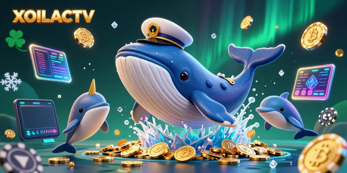 Experience XOILACTV with thrilling 3D cartoon whale and cryptocurrency elements in a vibrant casino scene.