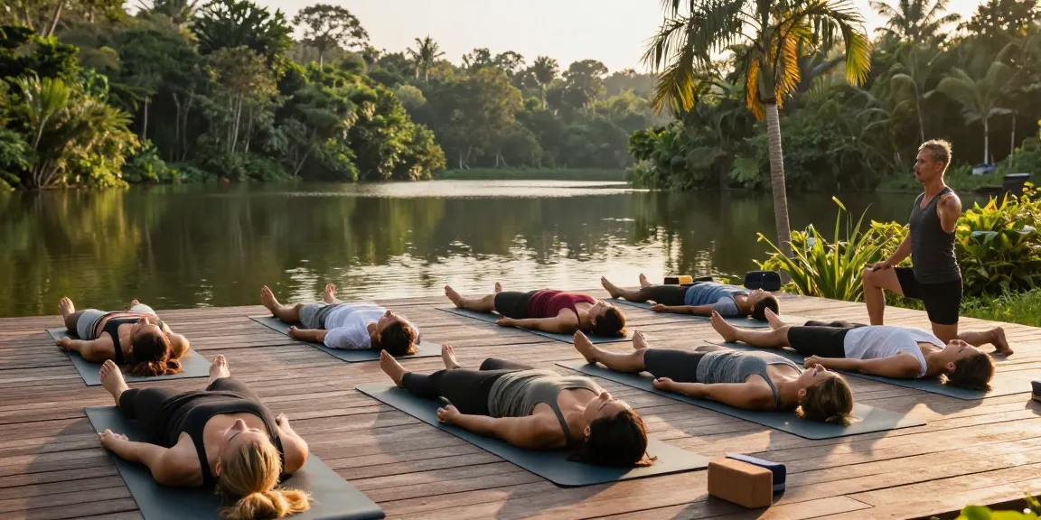 Experience vinyasa yoga teacher training Sri Lanka at Koggala Lake, serene lake view with participants in yoga session.