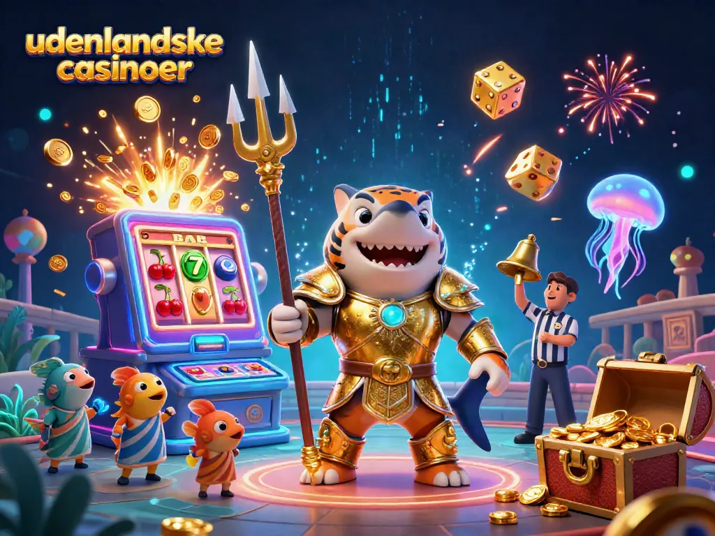Experience the excitement of udenlandske casinoer with a vibrant illustration of an underwater gladiator arena featuring a tiger shark and dynamic gaming elements.