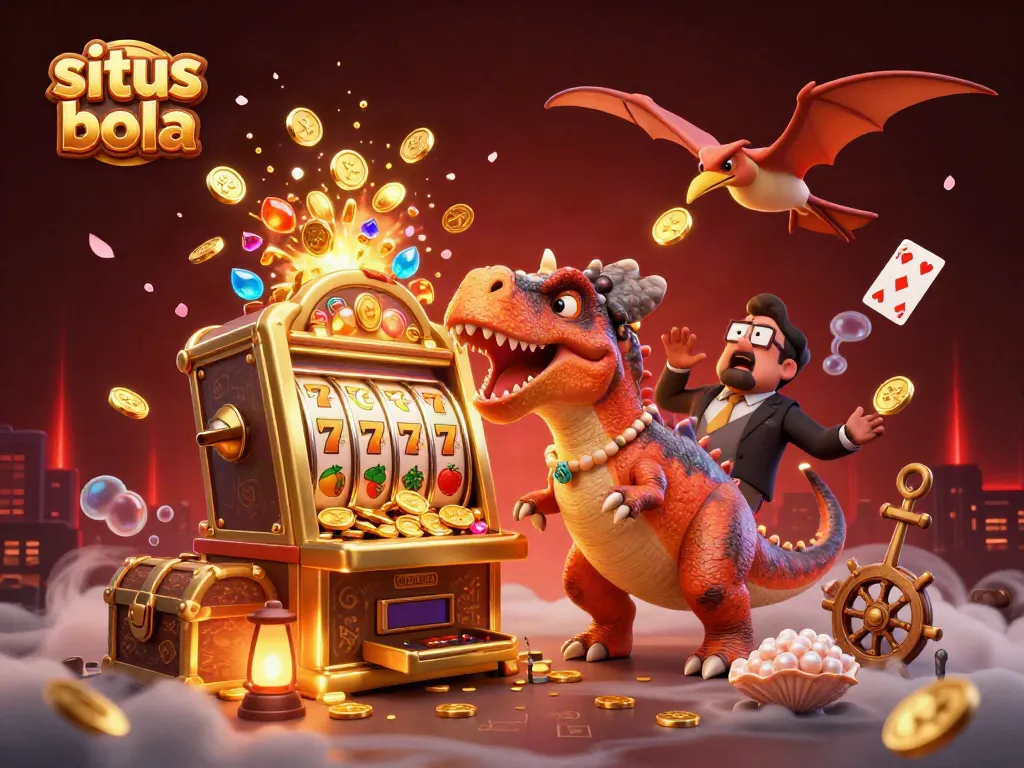 Engage with situs bola as a pachycephalosaurus wins jackpots, surrounded by vibrant casino elements.