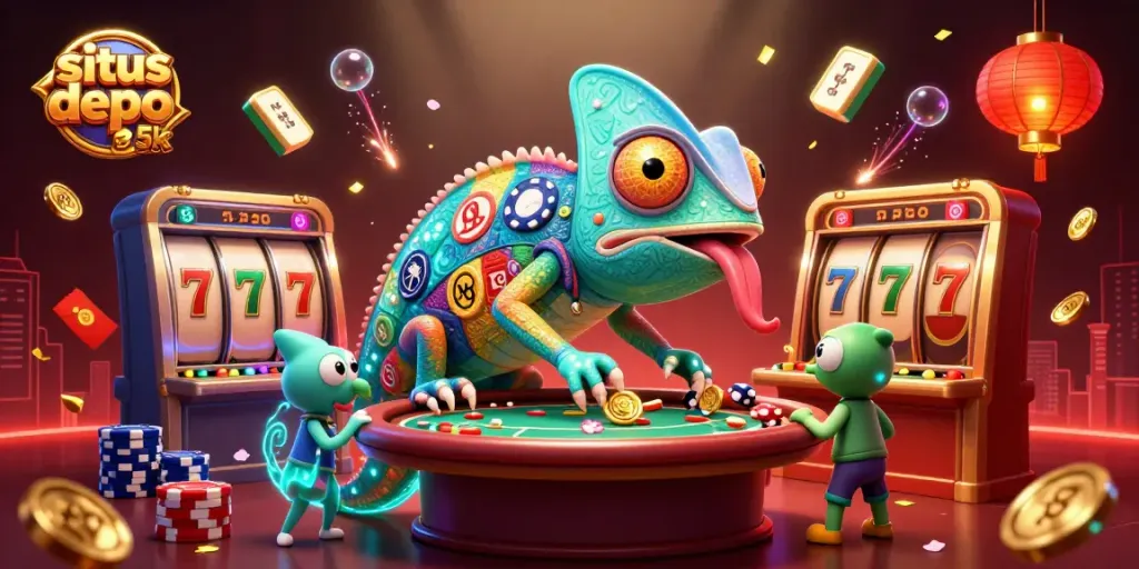 Experience thrilling gaming action at situs depo 5k with our vibrant casino scene featuring a colorful chameleon.