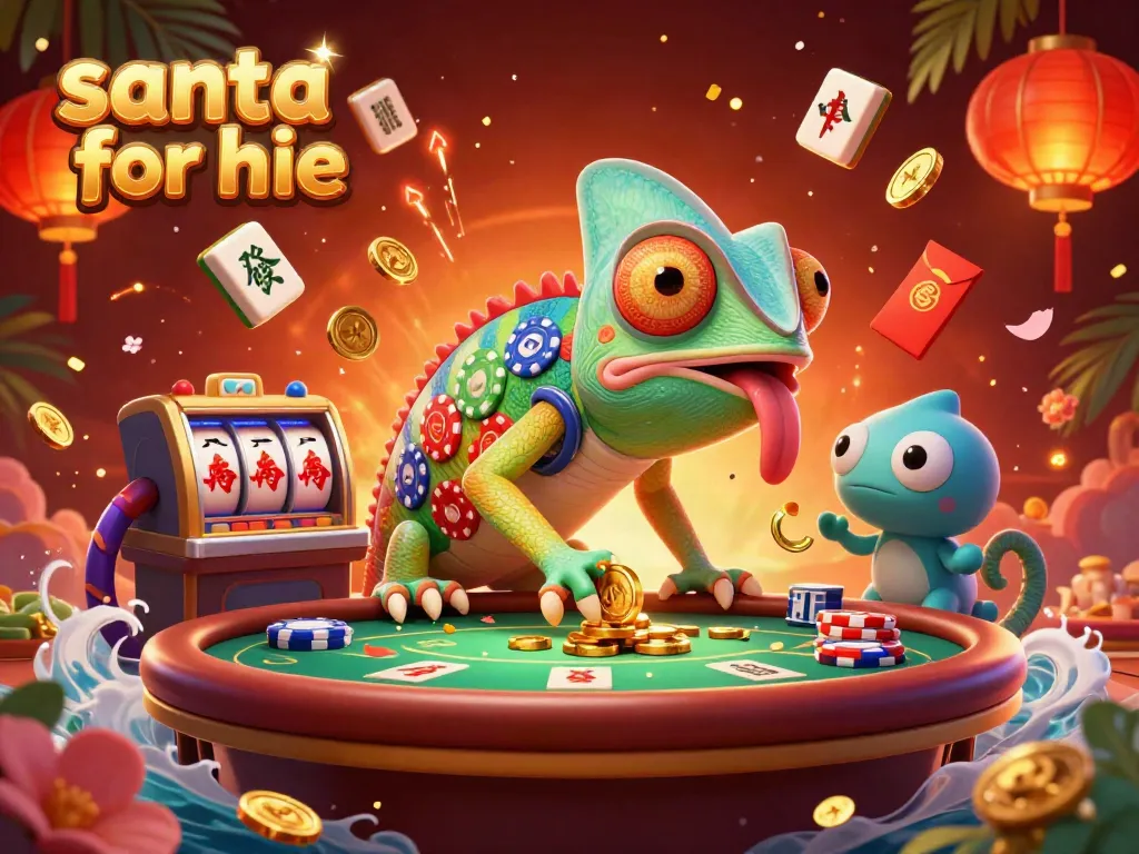 Engaging scene of a colorful chameleon casino owner in action, highlighting Santa for hire in vibrant casino elements.