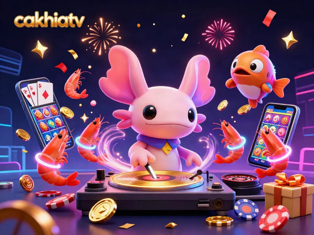 Cakhiatv features a vibrant 3D illustration with a neon axolotl DJ, dancing shrimp, and a hype fish, showcasing a thrilling underwater casino scene