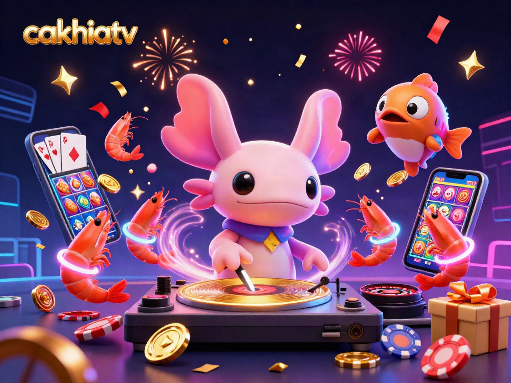 Cakhiatv features a vibrant 3D illustration with a neon axolotl DJ, dancing shrimp, and a hype fish, showcasing a thrilling underwater casino scene
