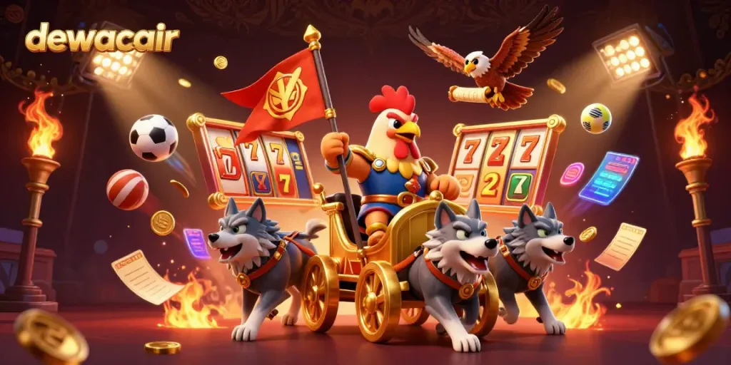 Dewacair winning strategies visualized with a cartoon rooster warlord leading dynamic casino action