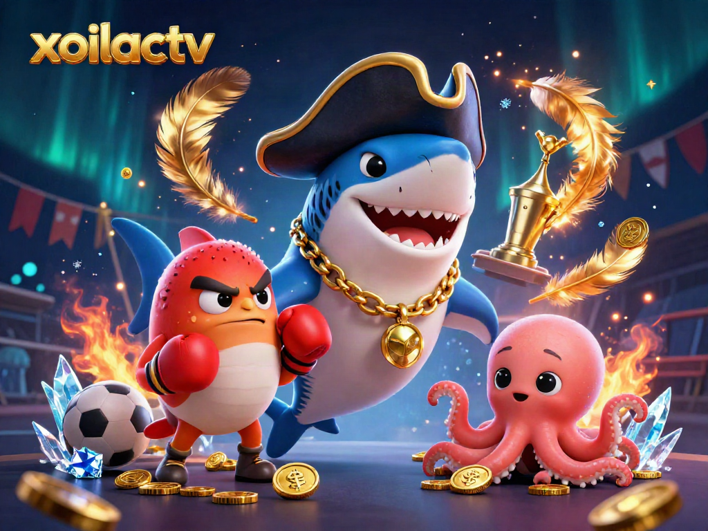 Xoilactv showcases a vibrant scene of a shark, pufferfish, and octopus in a sports betting atmosphere.