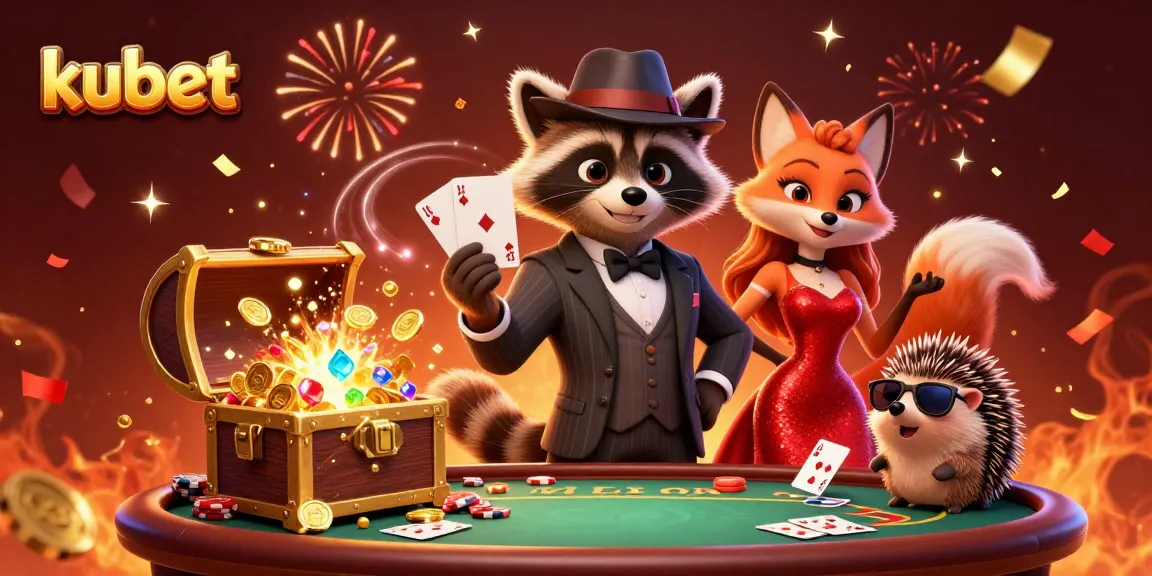 Kubet showcases a lively 3D casino scene with a raccoon holding a royal flush, emphasizing vibrant gambling excitement.