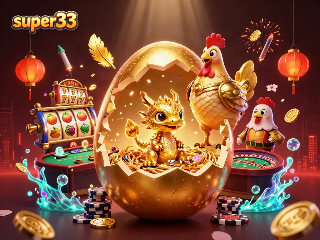 Experience thrilling action at super33 casino with a golden dragon amid dazzling slots and lucky symbols.