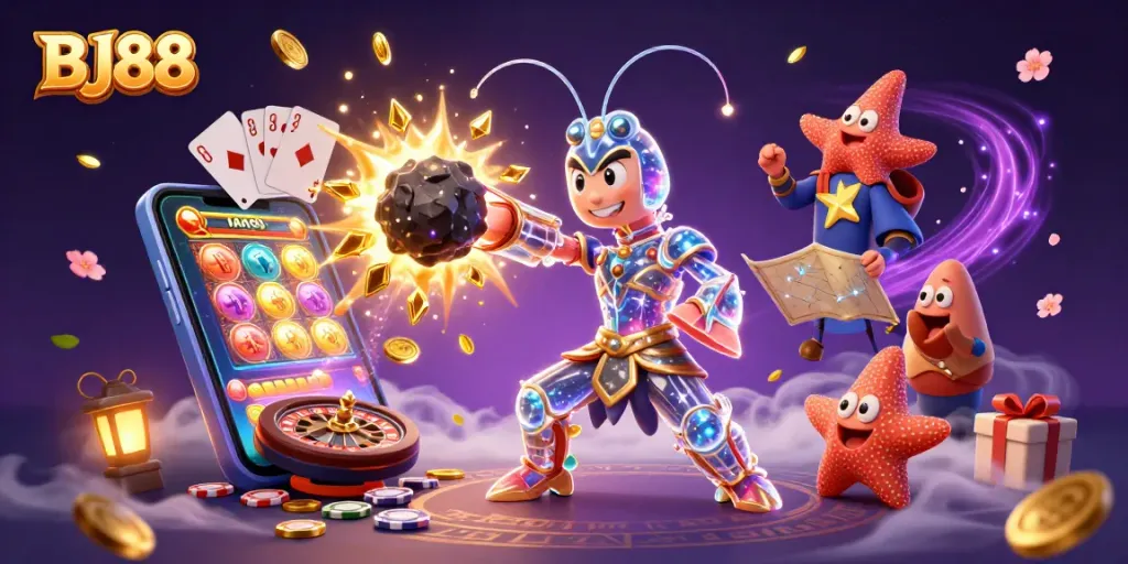 BJ88 showcases a vibrant scene with a galactic samurai shrimp and starfish amidst exploding gems and casino elements.