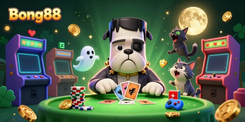 Exciting Bong88 casino scene featuring a bulldog dealer, ghost mouse, and werewolf kitten amidst vibrant casino elements.