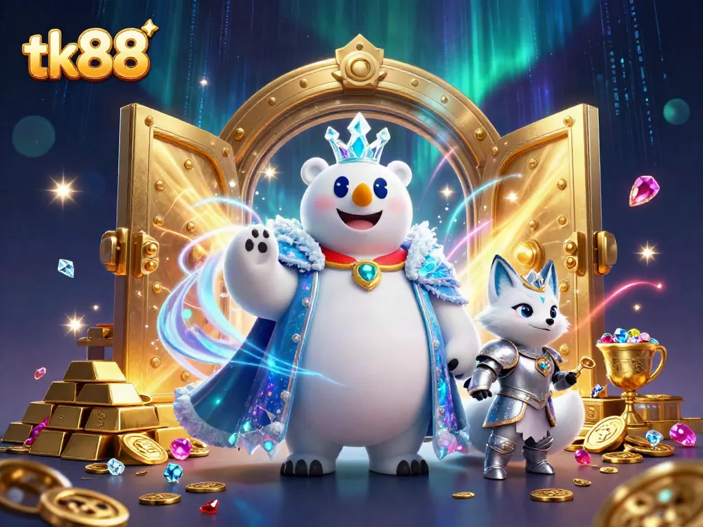 Engage with exciting tk88 gaming world, featuring a polar bear king and snow fox in a wealth-filled casino setting.