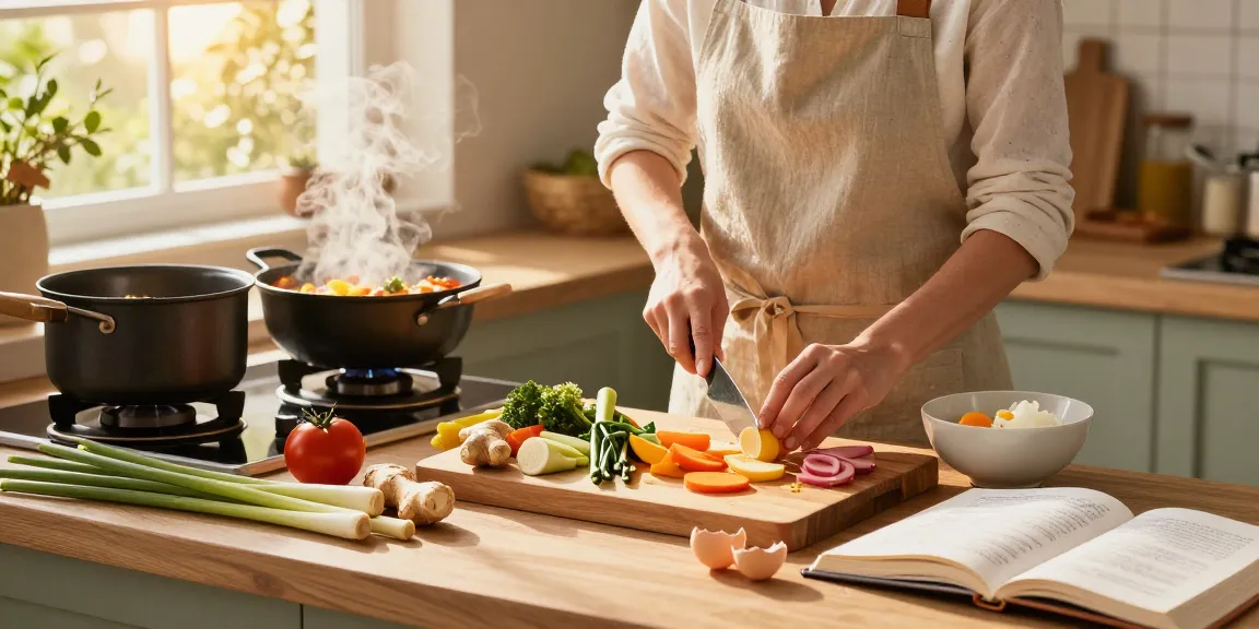 Woman preparing nutritious meals in kitchen with fresh ingredients like ginger and lemongrass, showcasing สล็อต cooking inspiration.