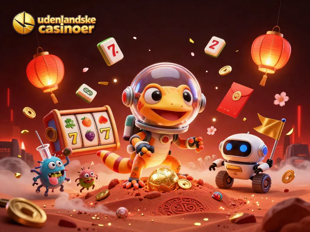 Experience udenlandske casinoer through a vibrant 3D illustration featuring Martian gecko amidst gaming elements.