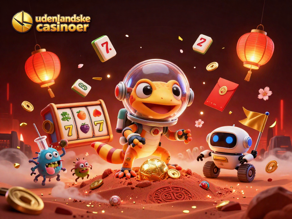 Experience udenlandske casinoer through a vibrant 3D illustration featuring Martian gecko amidst gaming elements.
