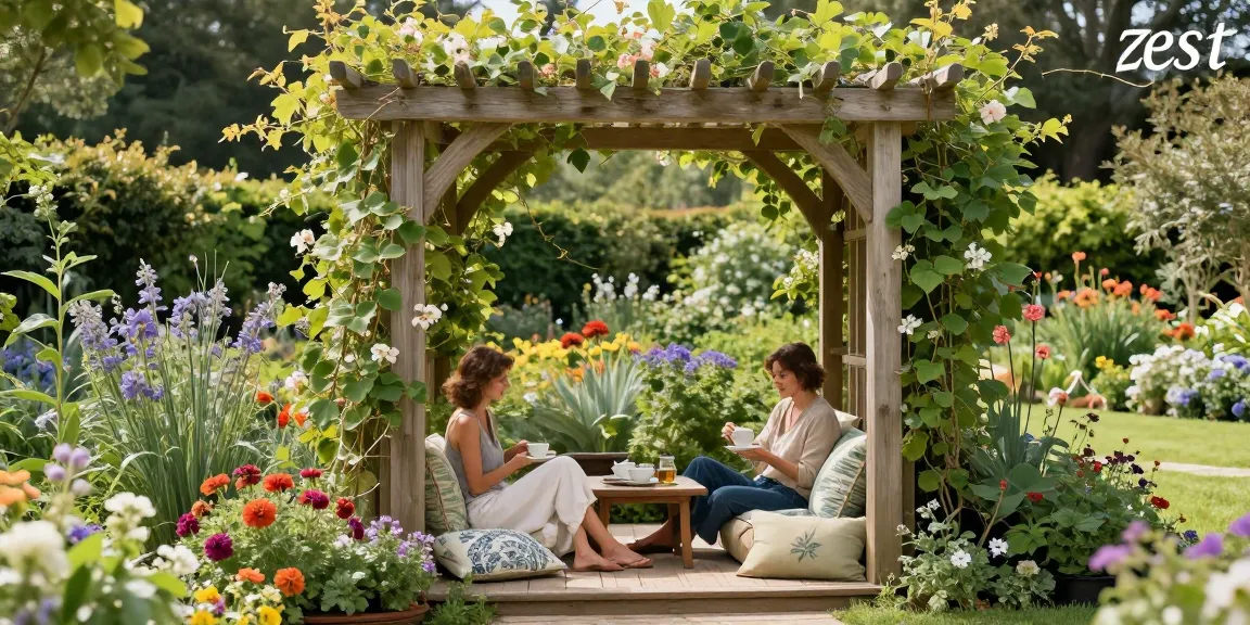 Zest wooden arbours providing a serene retreat in a vibrant garden filled with flowers.