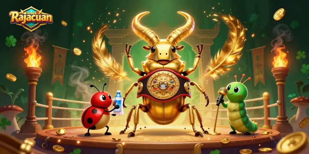 Engage with Rajacuan's thrilling environment featuring a golden stag beetle champion among casino elements.