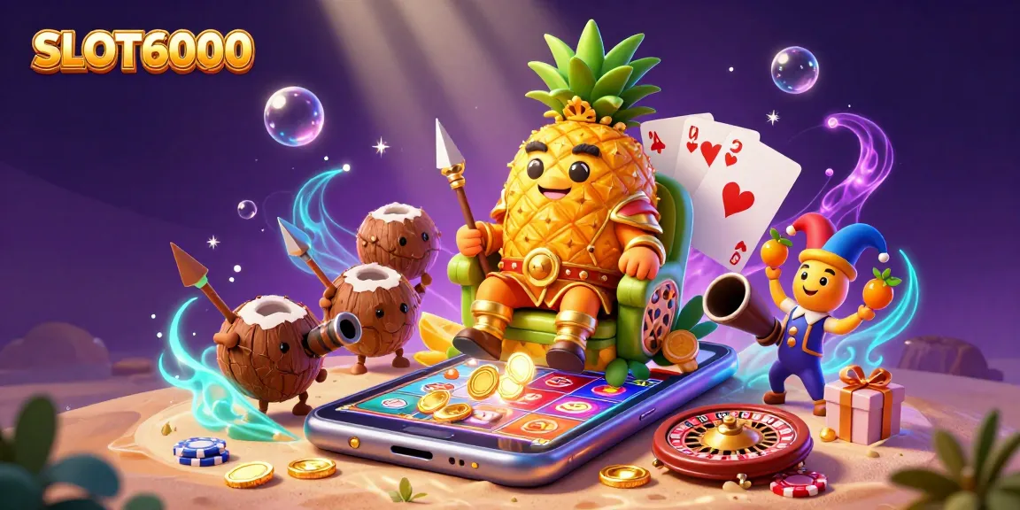 SLOT6000 captivates players with its vibrant casino scene featuring the pineapple king and dynamic slot action.
