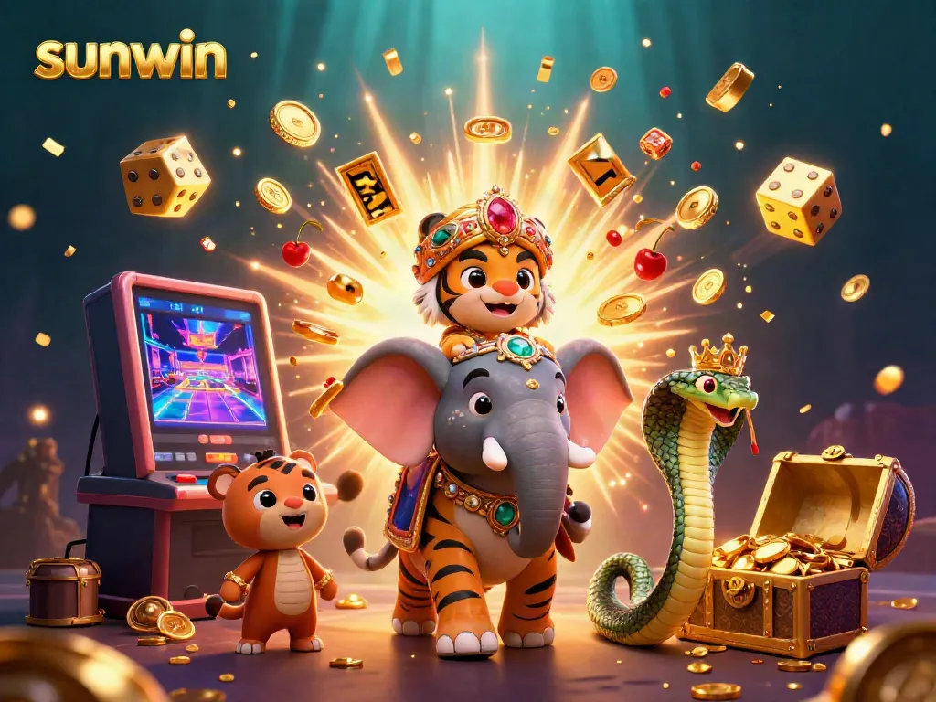 Experience sunwin's vibrant gaming world with a colorful jackpot explosion and iconic casino elements.
