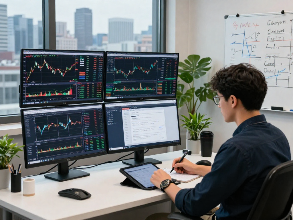 使用 tradingview 进行市场分析的职业交易员，专注地分析股票、外汇和加密货币市场的实时走势，展现专业的交易环境。