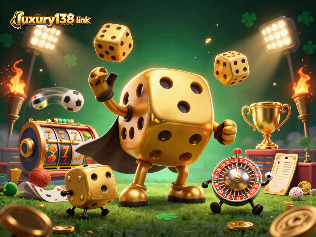 Menang bermain dengan luxury138 link dalam ilustrasi kasino 3D berwarna cerah dan dinamis.