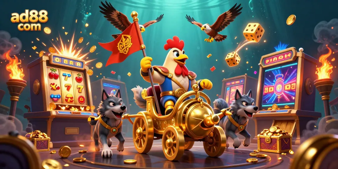 Experience thrilling jackpot action at ad88 com with vibrant visuals of a rooster warlord and casino elements.