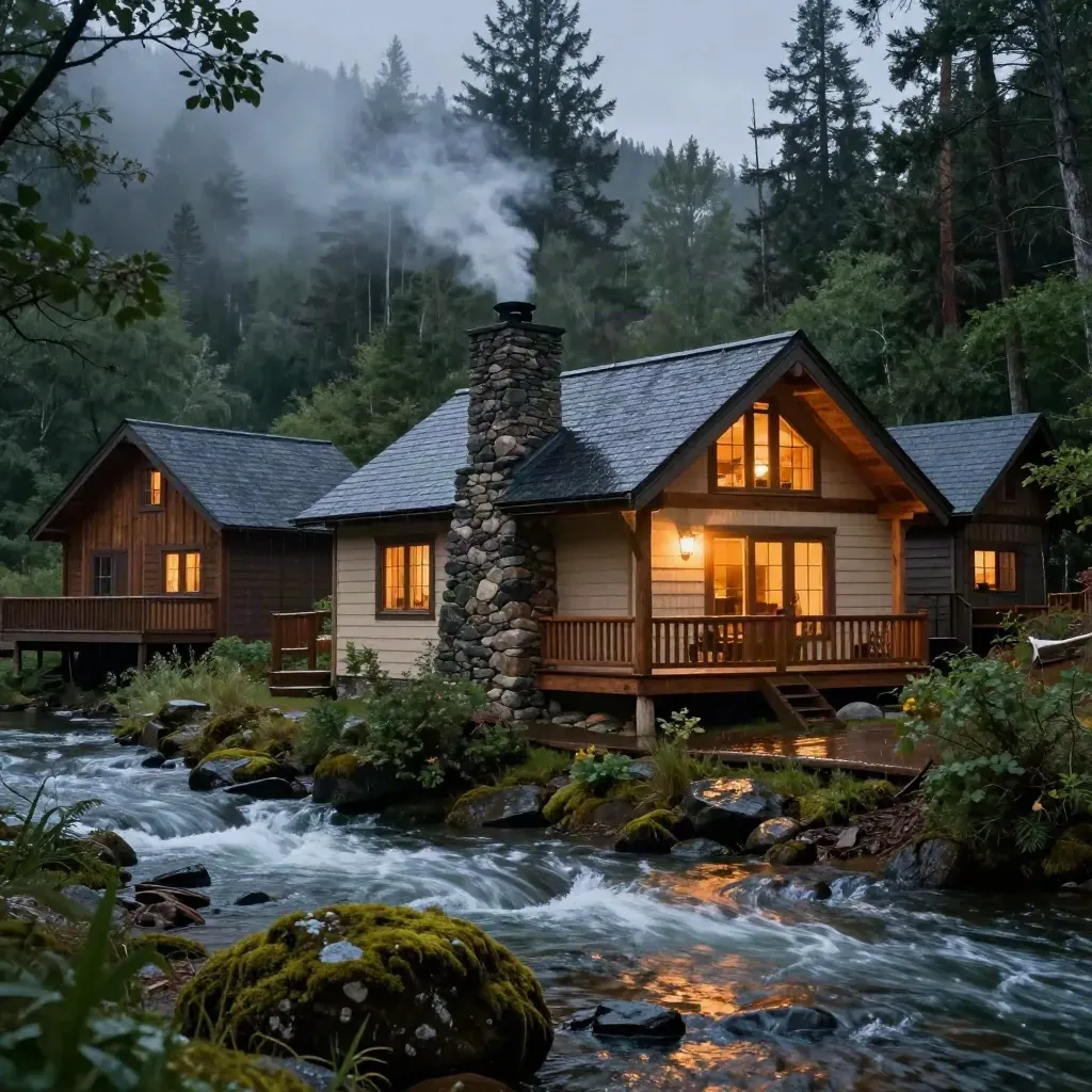 Creekside cedar cabins glowing after rain, with smoke, wet porch, moss, and rushing water.