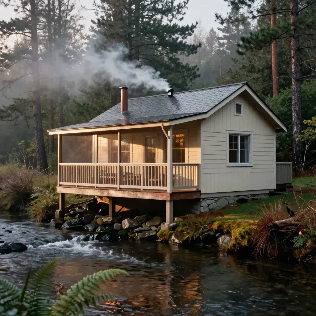 Creekside cabin by wet pines with chimney smoke, screened porch glow, and mist clearing over the water.
