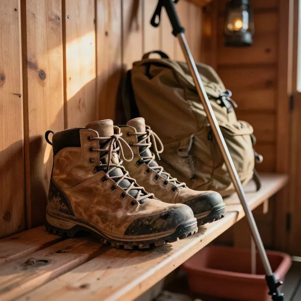 Trail boots, trekking poles, and a canvas pack beside a cabin mudroom bench in warm late-afternoon light.